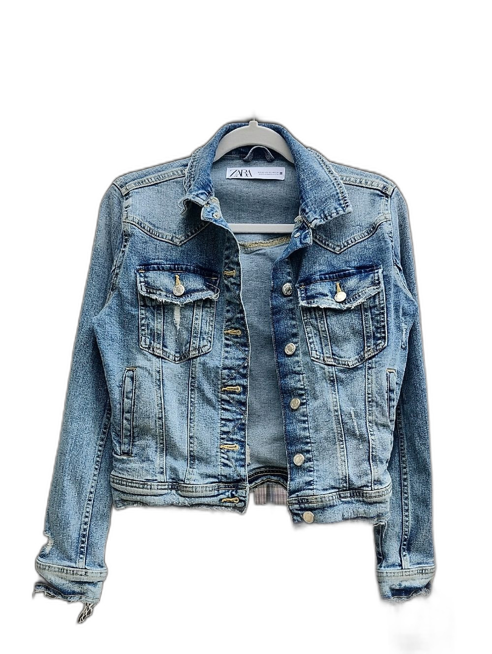 Zara Z1975 distressed cropped denim jacket is a faded light-wash style